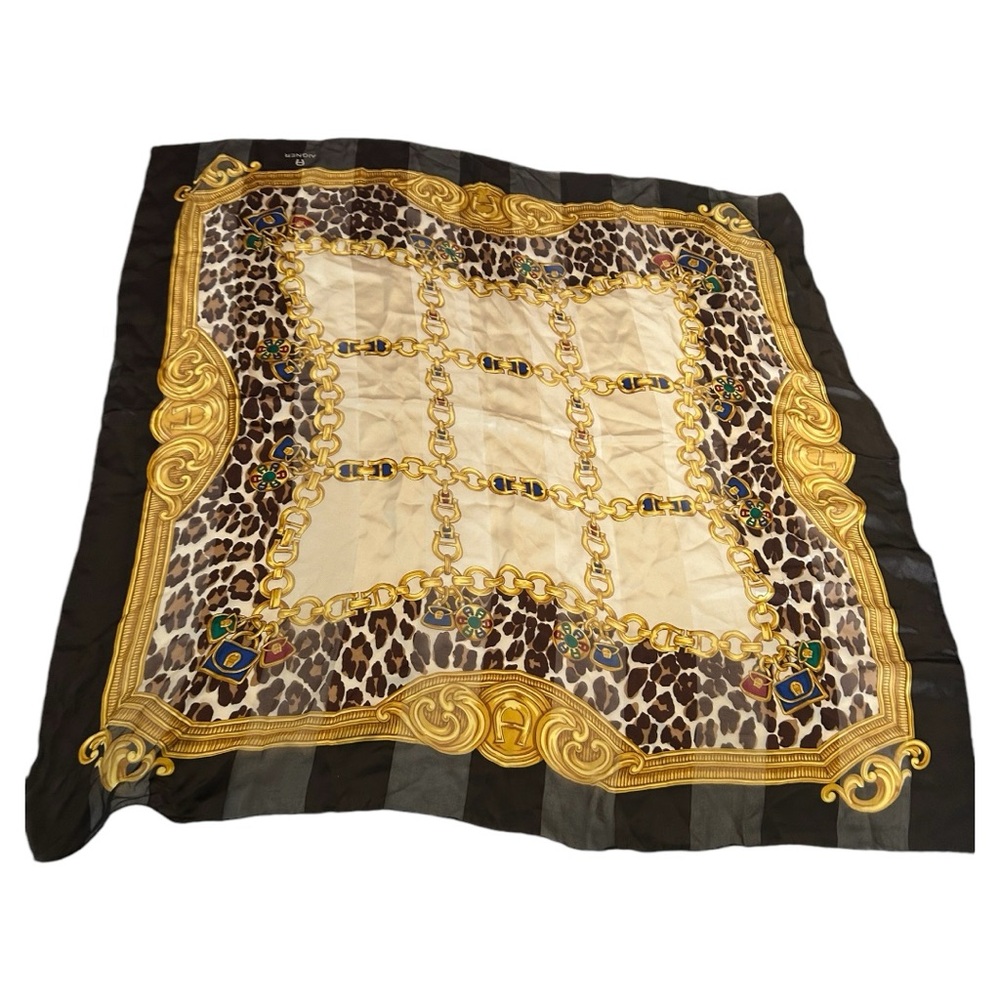 Etienne Aigner vintage 100% silk scarf leopard gold black brown